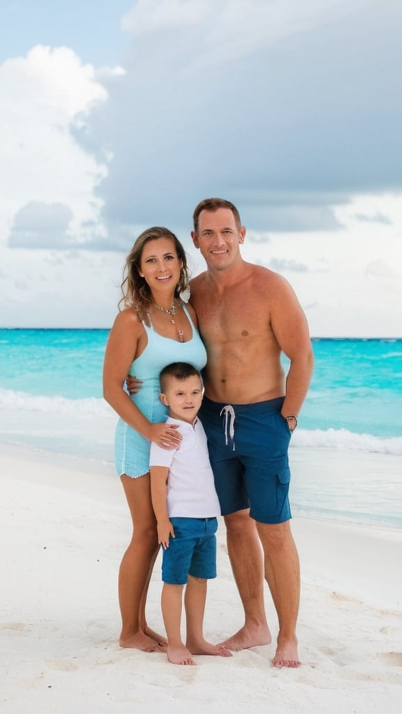 Prompt: Family of 4 on beach in cancun