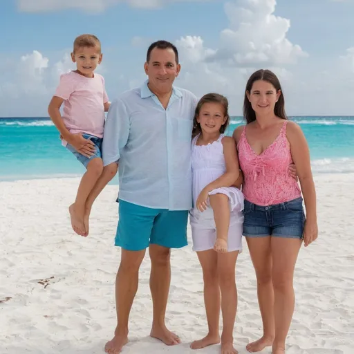 Prompt: Family of 4 on beach in cancun