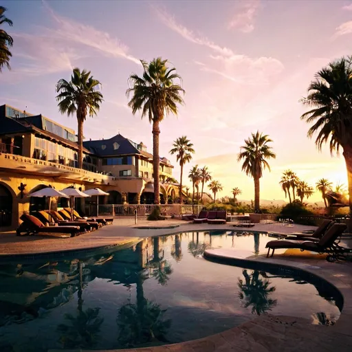 Prompt: hotel poolside at sunset, (luxurious desert resort), warm golden hues, vibrant sunset sky, palm trees swaying gently, intricate architectural details, pristine water reflecting colors, serene ambiance, inviting lounge chairs, spacious terraces, crafted outdoor decor, ultra-detailed, HD quality, atmospheric setting highlighting tranquility and high-end vacation vibes.