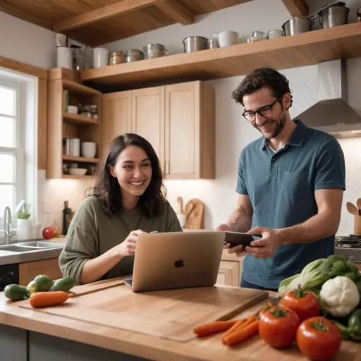 Prompt: A split-screen image showing a realistic and cinematic scene of a couple in a long-distance relationship cooking together through a video call. On the left side, a woman is in a bright, modern kitchen with ingredients and cooking utensils spread out on the counter. She has her laptop open in front of her, with a video call showing her partner. She is smiling and holding a wooden spoon, as if explaining something. On the right side, a man is in a cozy, rustic kitchen with a video call on his tablet propped up next to a cutting board. He is chopping vegetables and listening attentively to his partner. Both environments reflect their unique styles and the warm, friendly connection they share despite the physical distance.