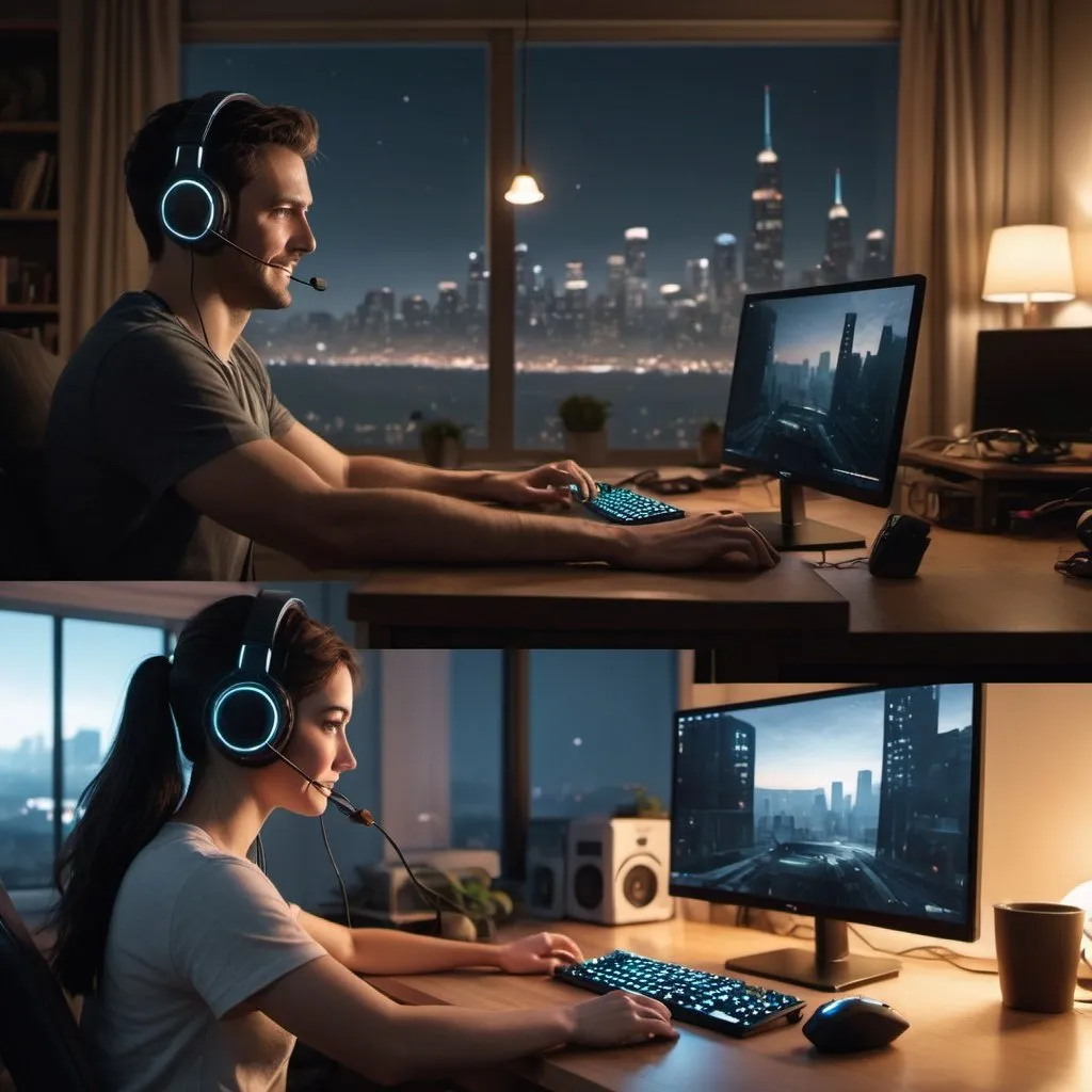 Prompt: A split-screen image showing a realistic and cinematic scene of a couple in a long-distance relationship gaming together. On the left side, a lady is sitting at her desk in a cozy, dimly lit room, illuminated by the glow of her laptop. She has a headset on and is smiling while looking at her screen. On the right side, a man is in a modern, sleek apartment with large windows showing a nighttime cityscape. He is also wearing a headset, deeply focused on his game on a high-end gaming PC. Both environments reflect their personal styles and settings, and the overall mood of the image should be warm and connected despite the physical distance.