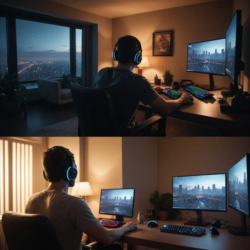 Prompt: A split-screen image showing a realistic and cinematic scene of a couple in a long-distance relationship gaming together. On the left side, a woman is sitting at her desk in a cozy, dimly lit room, illuminated by the glow of her laptop. She has a headset on and is smiling while looking at her screen. On the right side, a man is in a modern, sleek apartment with large windows showing a nighttime cityscape. He is also wearing a headset, deeply focused on his game on a high-end gaming PC. Both environments reflect their personal styles and settings, and the overall mood of the image should be warm and connected despite the physical distance.