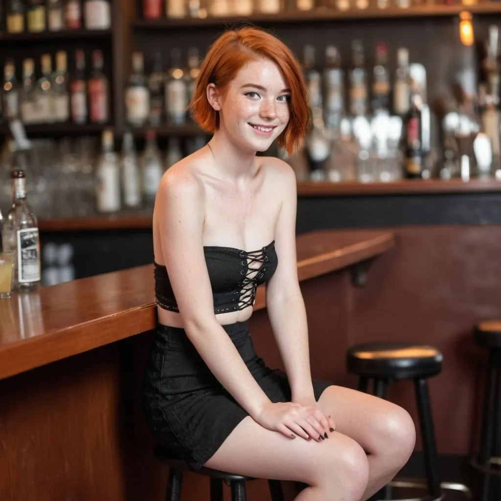 Prompt: breathtaking slim 18 years old woman
fiery redhead, short hair and freckles with a shy smile
Wearing a very short tank top strapless with deep cleavage and lace-up
wearing a very short skirt open on one side
with minimalistic black underware
sitting on a high chair at a bar leaning forward
Seen from head to toe,3/4 view

