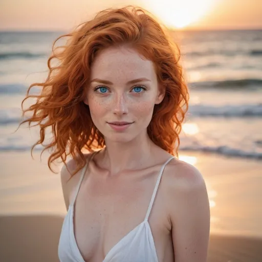 Prompt: Gorgeous slim tender woman

Fiery redhead, permed hair, freckles, blue eyes with a shy smile

Wearing a White very short pareo with deep cleavage

Walking on the beach by sunset 

Seen from above

3/4 view
