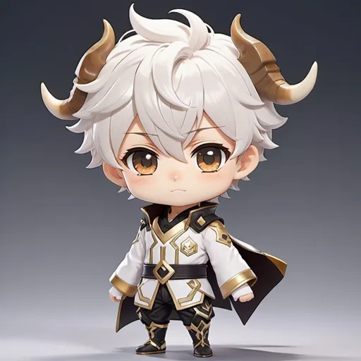 Prompt: Chibi male anime character with genshin impact costume style, small aries horn, white short hair