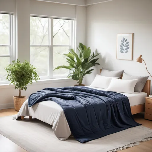 Prompt: A bright and airy bedroom scene with soft, clean sheets and a hypoallergenic blue navy weighted blanket on a neatly made bed. Fresh greenery in the background, open windows, and a sense of cleanliness and freshness. A small plant in the corner adds a touch of nature, enhancing the feeling of a healthy, allergen-free space.