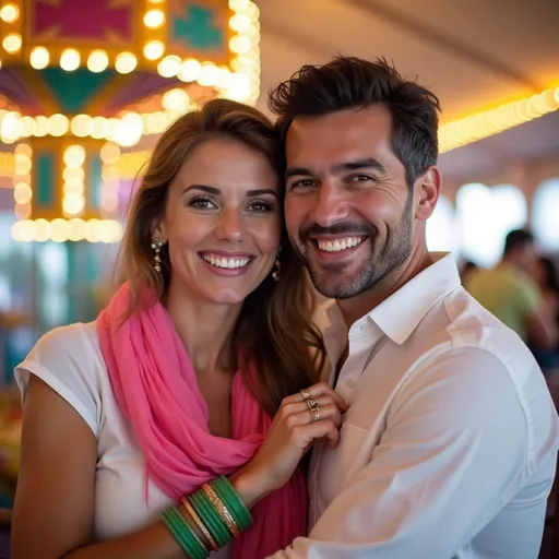 Prompt: Smiling broadly, a couple poses closely together in an amusement park setting, their expressions radiating joy and excitement. The woman wears a vibrant pink scarf draped elegantly over a white top, complemented by green bangles on her wrist, while her partner is dressed in a crisp white shirt. Behind them, a colorful amusement ride features bright lights and bold patterns, underscoring the festive atmosphere of the venue, which appears cheerful and lively. The soft indoor lighting enhances the vivid colors of the scene, while the playful background suggests a day filled with fun and adventure. Capturing a moment of shared happiness, the image conveys a sense of connection and enjoyment amid the thrill of the amusement park.