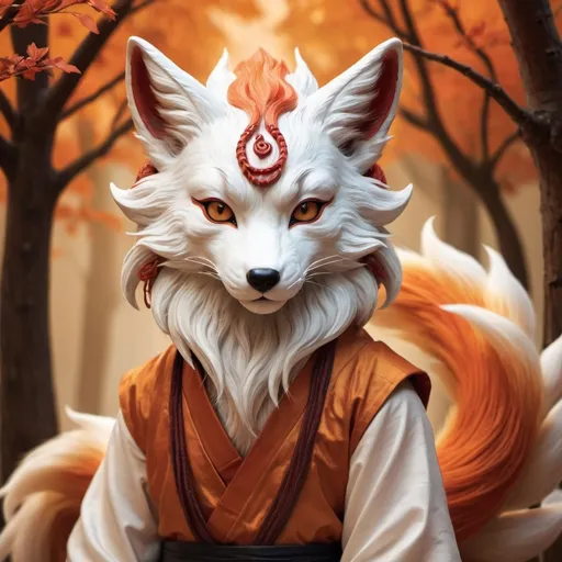 Prompt: hyper-realistic kitsune with nine tails, fantasy character art, illustration, dnd, warm tone