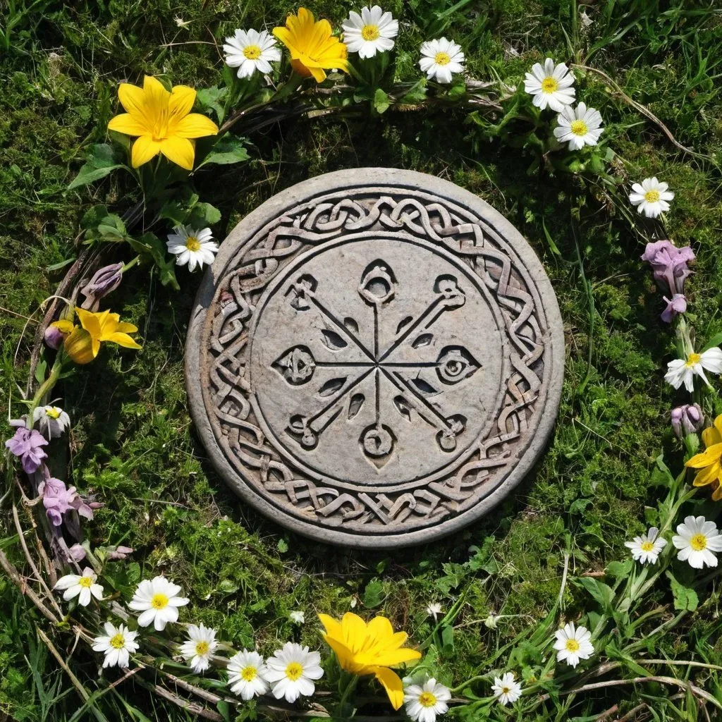 Prompt: domonic, pagan, flowers, spring, nature, runes