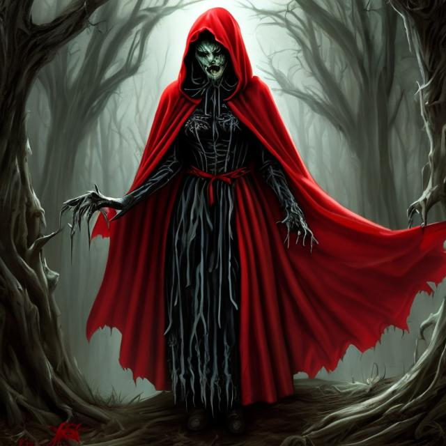 Prompt: little red riding hood, demonic, banshee, rotten forest, preditorial