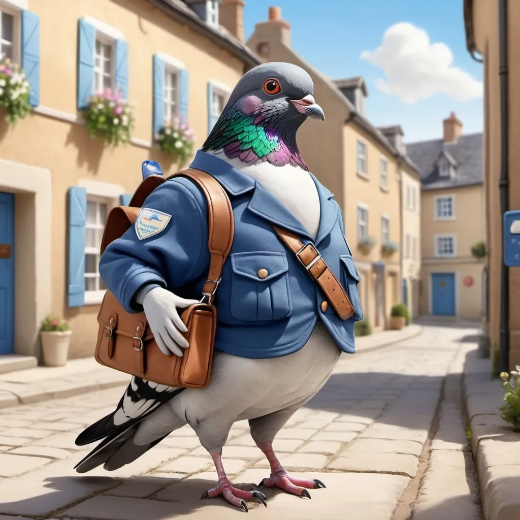 Prompt: please create an image with a pigeon in a mail carrier uniform