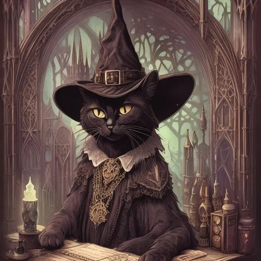 Prompt: Misc-gothic illustration of a cat in a witch hat, sitting on a table covered with crystals, potions, and grimoires, highres, detailed fur, mystical, gothic, witchy, atmospheric lighting, vintage colors, detailed eyes, professional, art nouveau, eerie ambiance