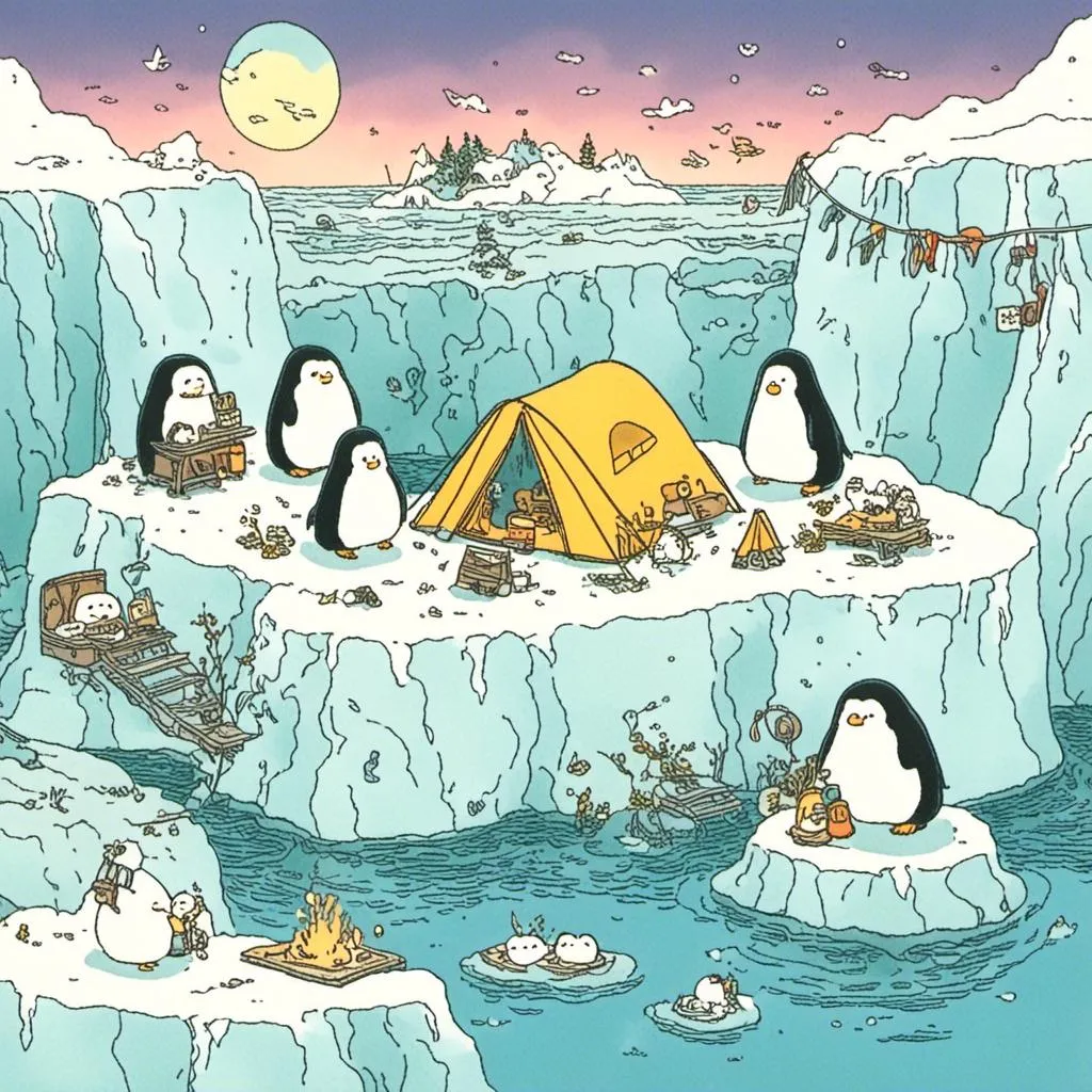 Prompt: <mymodel>Penguins camping on iceberg 