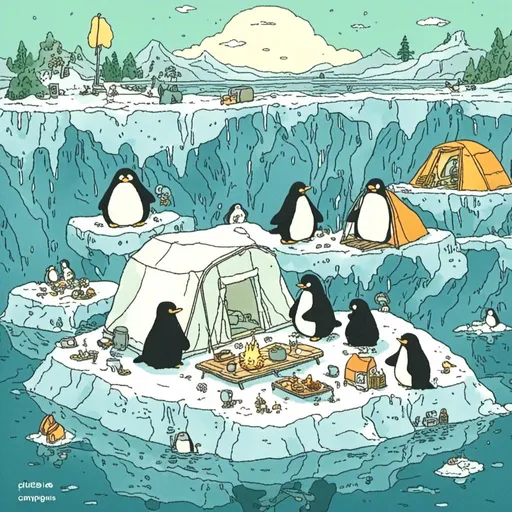 Prompt: <mymodel>Penguins camping on iceberg 