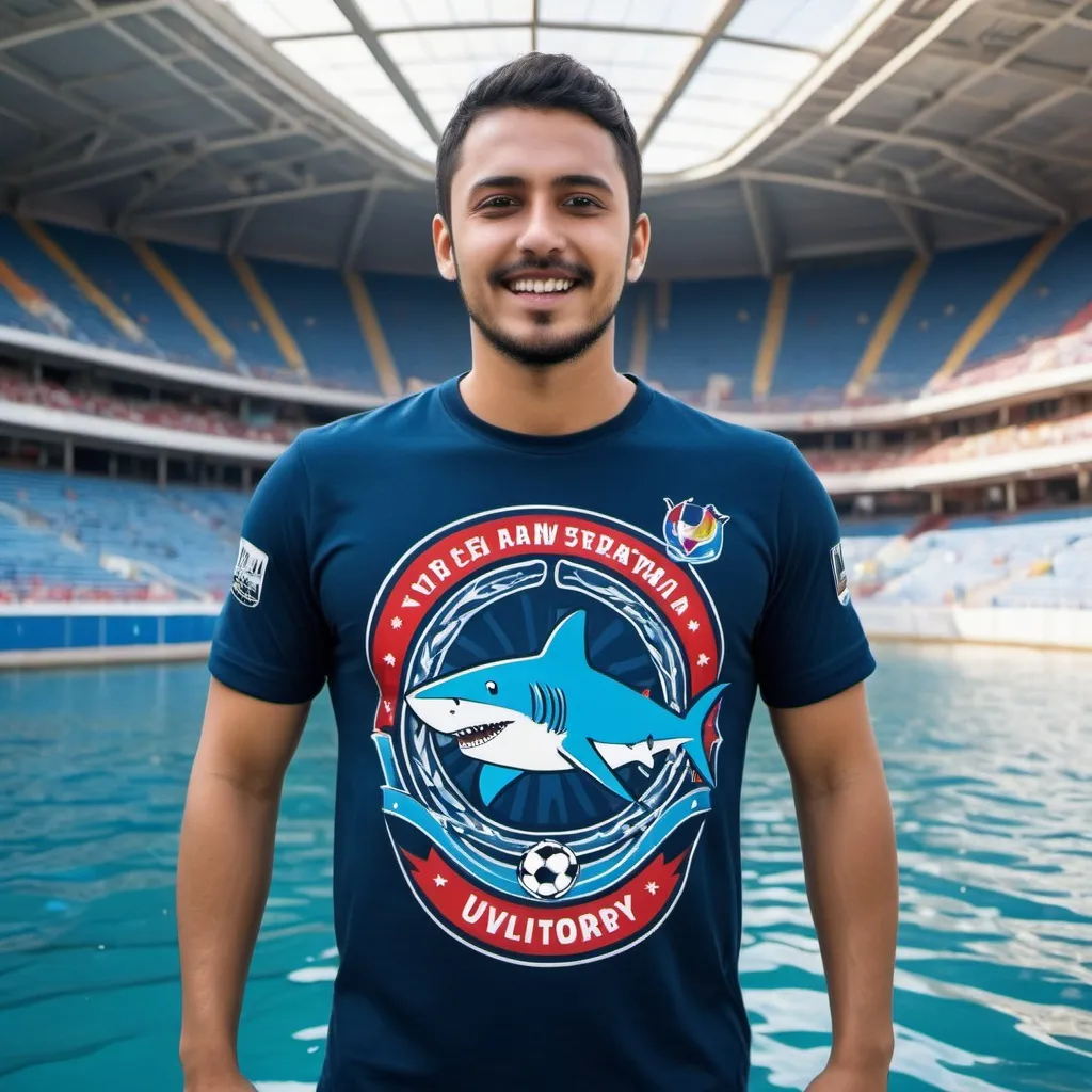 Prompt: Create a person drowning in the sea, with the victory shirt, where the place is inside the football stadium and the shark with the Bahia symbol