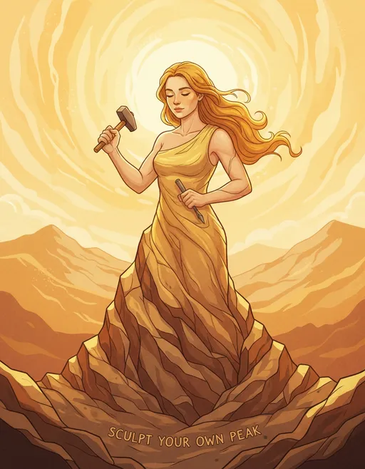 Prompt: Bathed in a warm, golden glow, a majestic figure of a woman emerges from a rugged mountain landscape holding a hammer and chisel one in each hand. Her serene face, framed by flowing hair, suggests a deep connection to her surroundings, while the backdrop features rolling mountains fading into the horizon. The composition balances her form against the expansive, sunlit sky, creating an imposing yet comforting presence. This stylized artwork employs rich amber and ochre tones, enhancing a sense of tranquility and strength, evoking themes of perseverance and creation in the face of nature's splendor. The overall mood conveys an inspiring narrative of craftsmanship and resilience.

The idea is to convey self sculpting of a young woman.