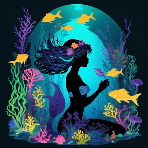 Prompt: Animated silhouette-style Mermaid with neon colored sea flowers in her hair, examining a music box surrounded by dimly lit ocean with scenes of seaweed, ocean flowers, and a school of fish surrounded