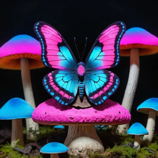 Prompt: A trippy butterfly sitting on a mushroom surrounded by neon pinks, blues, and black