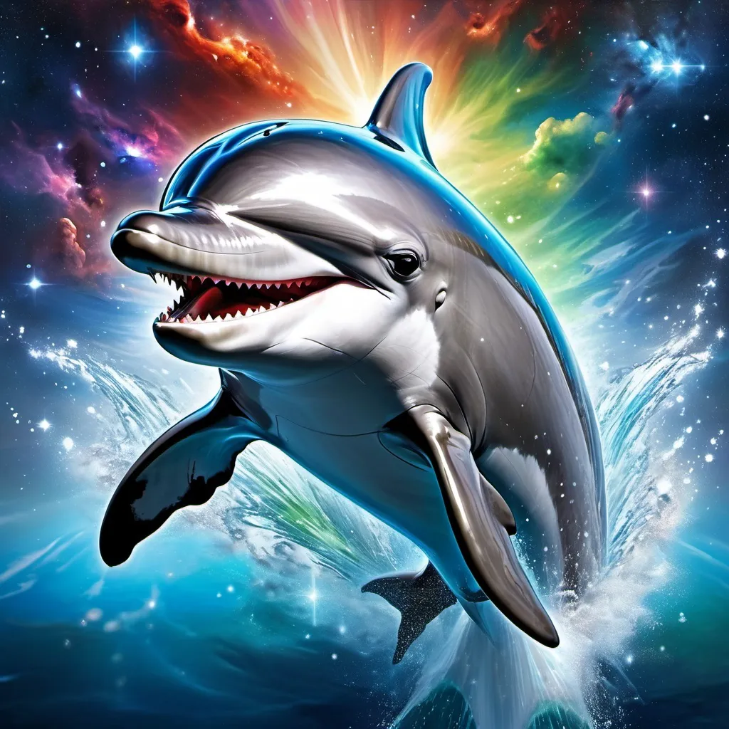 Prompt: Smiling dolphin, God made of cosmic energy, white blue black red and green, Galaxy, Magic: The Gathering Art-style, hyper realistic, hyper detailed