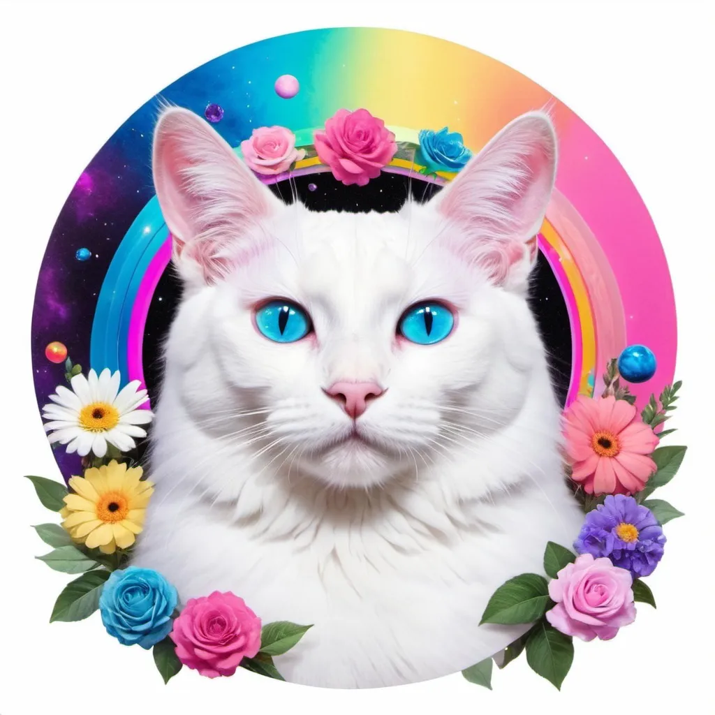 Prompt: White cat with flowers on its head and rainbow planets surrounding it with neon blue, pink, purple, and black