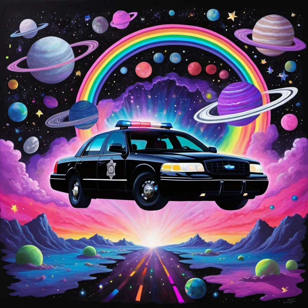 Prompt: A 2007 black crown Victoria police interceptor in space driving up a rainbow, surrounded by planets, with trippy neon blues, neon greens, neon pinks and neon purple colors, on starry night and a black canvas