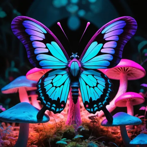 Prompt: A trippy butterfly sitting on a mushroom surrounded by neon pinks, blues, and black