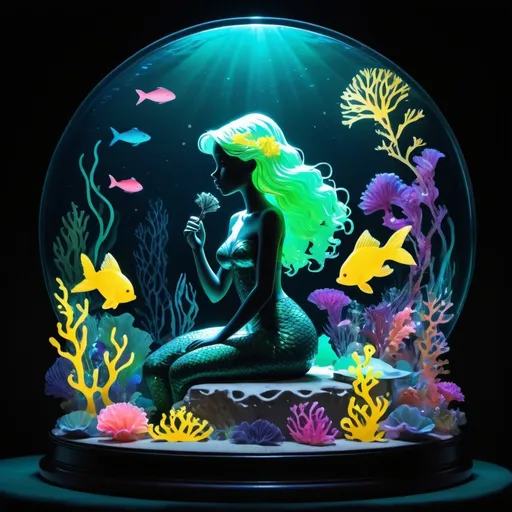 Prompt: Animated silhouette-style Mermaid with neon colored sea flowers in her hair, examining a music box surrounded by dimly lit ocean with scenes of seaweed, ocean flowers, and a school of fish surrounded