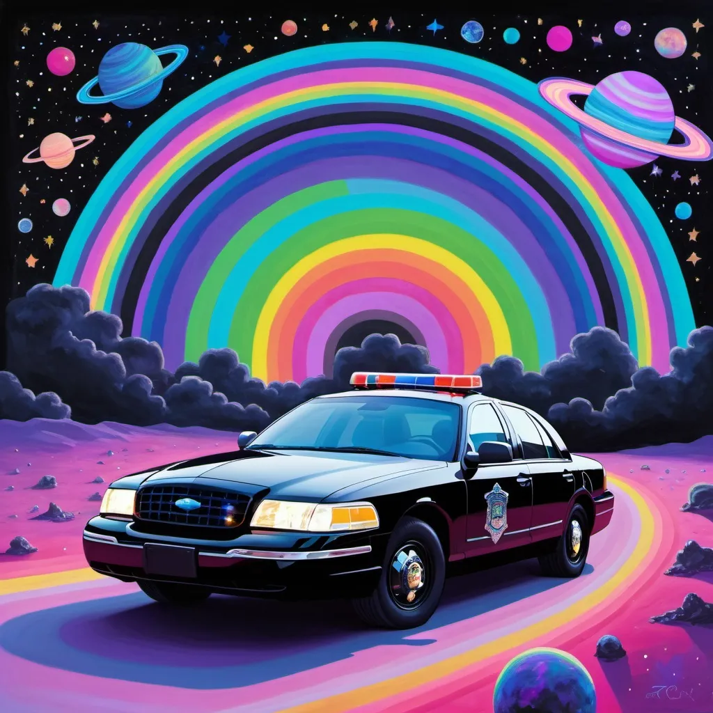 Prompt: A 2007 black crown Victoria police interceptor in space driving up a rainbow, surrounded by planets, with trippy neon blues, neon greens, neon pinks and neon purple colors, on starry night and a black canvas