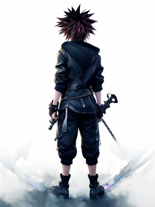 Prompt: back-facing artistic photo of Sora, detailed clothing, wielding iconic Keyblade, high quality, digital art, cool tones, atmospheric lighting, colorful, Kingdom Hearts, detailed jacket, intricate Keyblade design, iconic protagonist, fantasy style, professional, atmospheric lighting, colorful, no tattoos, iconic organization xiii coat