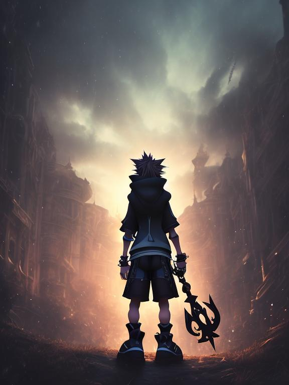 Prompt: back-facing, artistic photo of Sora, kingdom hearts, detailed clothing, high quality, digital art, cool tones, atmospheric lighting, colorful, subset background