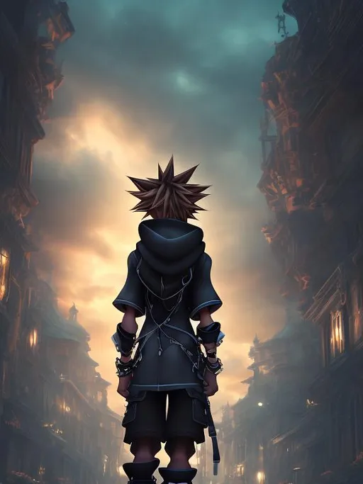 Prompt: back-facing, artistic photo of Sora, kingdom hearts, detailed clothing, high quality, digital art, cool tones, atmospheric lighting, colorful, subset background