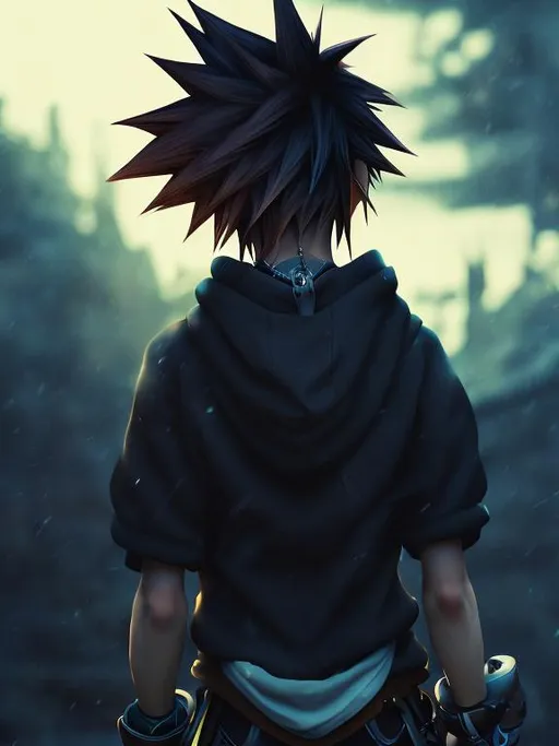 Prompt: back-facing, artistic photo of Sora, kingdom hearts, detailed clothing, high quality, digital art, cool tones, atmospheric lighting, colorful, subset background