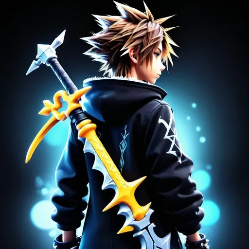 Prompt: back-facing artistic photo of Sora, detailed clothing, wielding iconic Keyblade, high quality, digital art, cool tones, atmospheric lighting, colorful, Kingdom Hearts, detailed jacket, intricate Keyblade design, iconic protagonist, fantasy style, professional, atmospheric lighting, colorful, no tattoos, iconic organization xiii coat