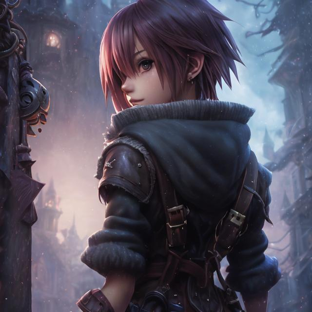 Prompt: Back-facing digital art of Kairi, detailed clothing, 4k, high quality, atmospheric lighting, cool tones, colorful, professional, kingdom hearts subset background, detailed clothing, detailed hair, detailed accessories, detailed environment, don't show face, digital art, professional, atmospheric lighting, kingdom hearts, detailed clothing, cool tones, short pixie haircut