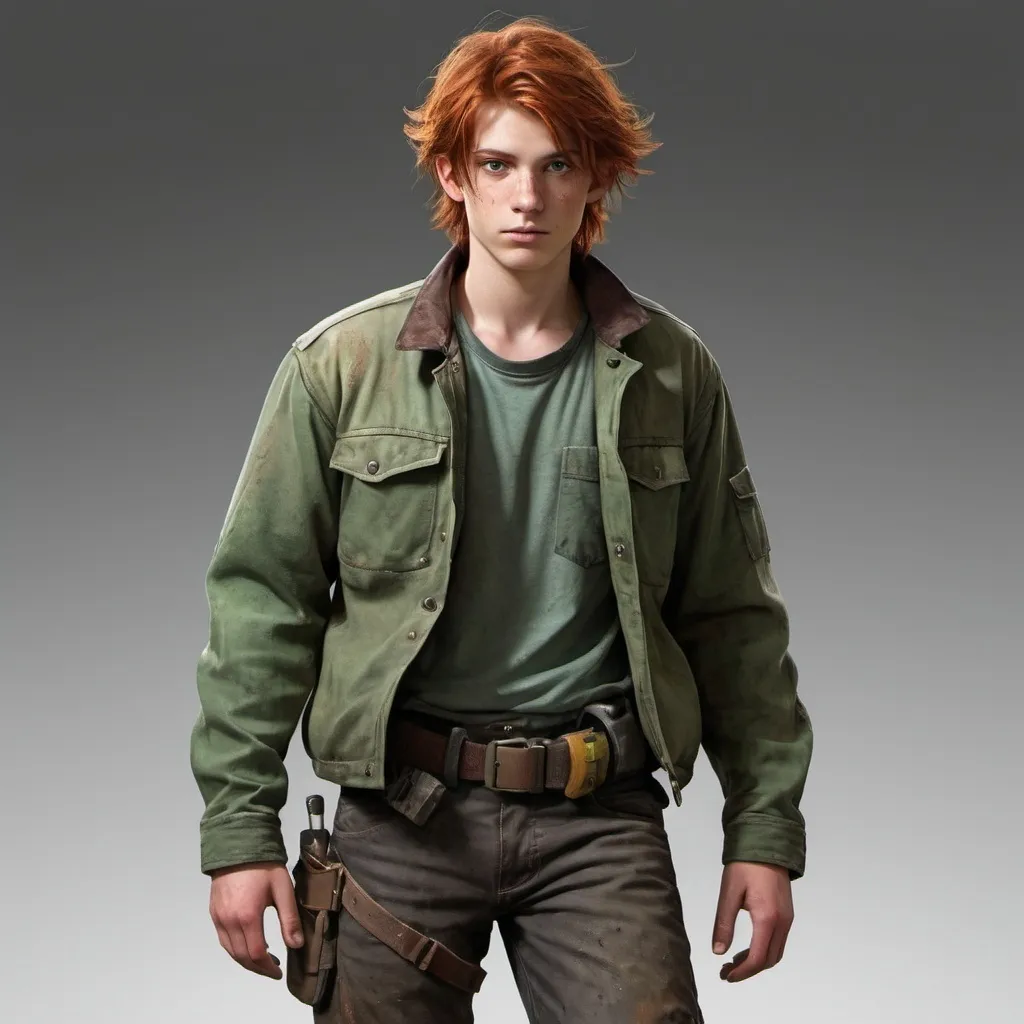 Prompt: Create an image of a 19-year-old male character with a thin build and slightly above average height. He has medium-length, messy dirty red hair that falls loosely around his face. His eyes are a vivid green, reflecting a sharp and perceptive nature. He wears a rugged, worn-out jacket over a plain work shirt and practical, durable pants that show signs of wear and tear. His belt is filled with a variety of pouches, suggesting he carries many tools or supplies. He has a rugged, adventurous appearance, with a hint of dirt and grime on his clothing and skin, indicating a life spent outdoors or in rough conditions. His posture is relaxed but alert, ready for anything.