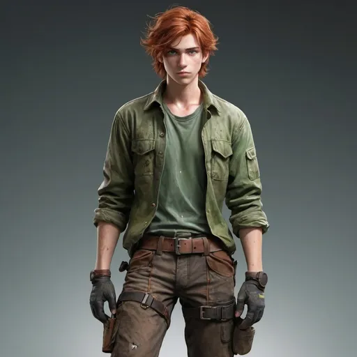 Prompt: Create an image of a 19-year-old male character with a thin build and slightly above average height. He has medium-length, messy dirty red hair that falls loosely around his face. His eyes are a vivid green, reflecting a sharp and perceptive nature. He wears a rugged, worn-out jacket over a plain work shirt and practical, durable pants that show signs of wear and tear. His belt is filled with a variety of pouches, suggesting he carries many tools or supplies. He has a rugged, adventurous appearance, with a hint of dirt and grime on his clothing and skin, indicating a life spent outdoors or in rough conditions. His posture is relaxed but alert, ready for anything.