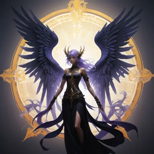 Prompt: Create an epic, high-fantasy image in the style of the "Final Fantasy XVI" logo, featuring two intricately designed, abstract mystical figures in a dynamic, intertwined pose. One figure has a radiant silhouette with colors ranging from white to gold, symbolizing light and energy. The other figure has a shadowy silhouette, using shades of black and deep blue or purple, representing mystery and the night.

Both figures are elegant and detailed, with flowing, ethereal forms and large, sweeping elements that suggest wings without explicitly depicting them. Their designs mirror each other, creating a sense of balance between light and dark. The forms blend into the background, forming a gradient that transitions smoothly from light on one side to dark on the other.

The title "The Seraphim Chronicle" should be placed in the center, overlaid on the image, with bold, elegant letters similar in style to the "Final Fantasy XVI" font. The text color should complement the gradient background, using a mix of light and dark tones that blend seamlessly with the figures.

Ensure that the overall style is epic and high-fantasy, with a focus on intricate details and a harmonious balance between the radiant and shadowy elements.

