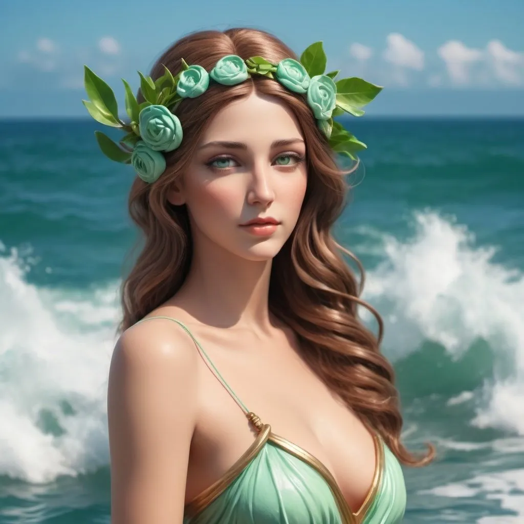 Prompt: a beautiful goddess on the sea
the background should be with sky and more blur
app icon
clay style
greek female
head around with a small light green laurel
without  Straps
