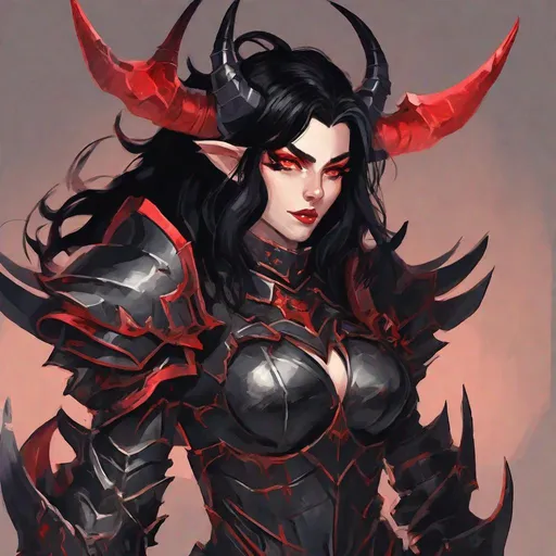 Prompt: A female DnD demon with midnight black hair, devilish red eyes, and elegant black horns atop her head. She is wearing a full metal paladin armor made for a female. She has an intimidating but gorgeous look that can't be described.

All the men fall for her but she is known to break and rip out their hearts (Figuratively and sometimes literally).