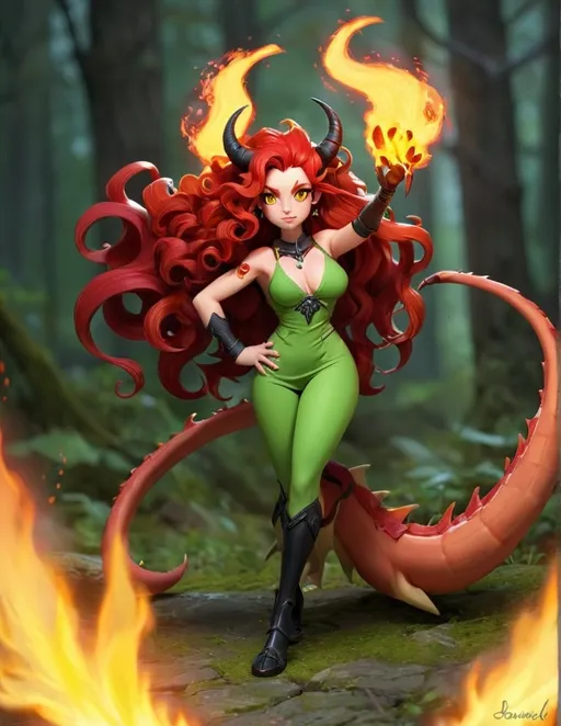 Prompt: Lorelei – Dragonkin
	•	Age: 120 (appears 24)
	•	Type: Dragon
	•	Nature: 4 (1+)
	•	Combat: 7 (4)
	•	Care: 2	(1-)
	•	Special Skills: Flame Wings, Pyroblast
	•	Notes: Bold, protective, and a little temperamental. Loyal to Adam.
	Appearance: Tall (6’), Muscular, Buxom with long, flame-red Curls, two long black horns, Yellow eyes, dark ruby-red skin with dark red spots. Her Fiery crest is on her belly, which glows when she uses her Pyro-blast.
She wears a green travel dress with black trim.