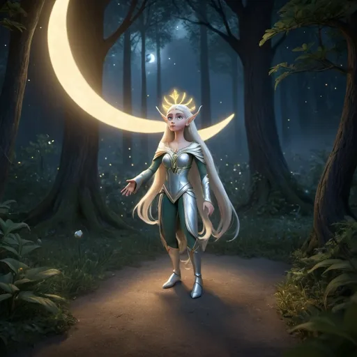 Prompt: "A tall, graceful high elf woman named Whisper. She has light-blonde, waist-length hair, green almond-shaped eyes, and delicate features. She wears a flowing robe in shimmering white, moonlit blue, and soft gold, with magical silver embroidery. On her chest is a glowing family crest shaped like a crescent moon and lily. She holds a sleek silver bow with a glowing moonlight arrow. Her expression is serene and empathic. Background: a dreamy, starlit forest with glowing plants. Pixar-style character, cinematic lighting, high fantasy style."