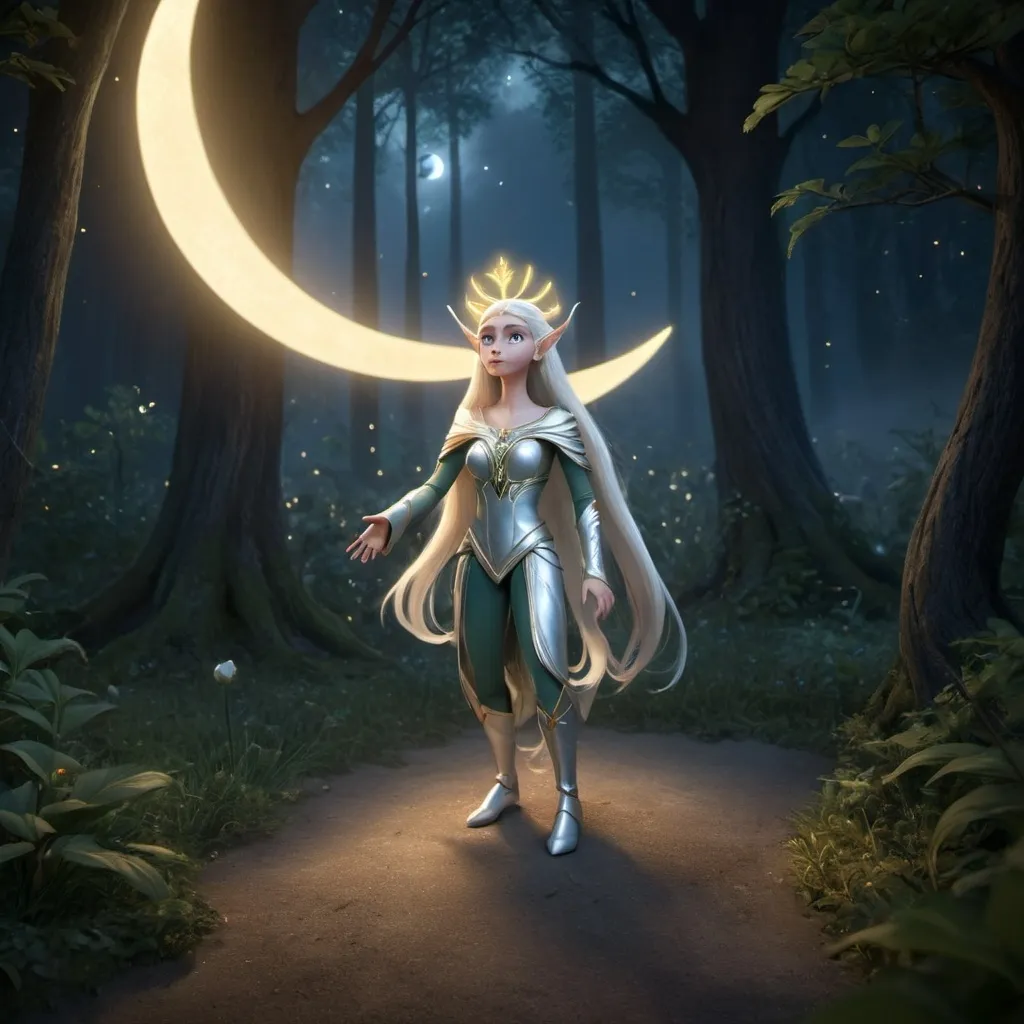 Prompt: "A tall, graceful high elf woman named Whisper. She has light-blonde, waist-length hair, green almond-shaped eyes, and delicate features. She wears a flowing robe in shimmering white, moonlit blue, and soft gold, with magical silver embroidery. On her chest is a glowing family crest shaped like a crescent moon and lily. She holds a sleek silver bow with a glowing moonlight arrow. Her expression is serene and empathic. Background: a dreamy, starlit forest with glowing plants. Pixar-style character, cinematic lighting, high fantasy style."