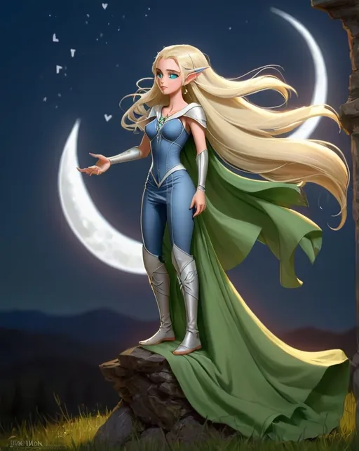 Prompt: 🌕 Whisper – High Elf
	•	Age: 180 (appears 22)
	•	Nature: 7 (4)
	•	Combat: 5 (2)
	•	Care: 6	(3)
	•	Special Skills: Moonlight Arrow, Elven Grace
	•	Notes: Empathic, calm, and graceful. Acts as the group’s voice of reason.
	Appearance: Tall (5’9”), thin, with curves, long light-blonde hair, green eyes, delicate features, dresses in blue-travel dress with white trim,  her family crest (A Silvery Moon with arrows) on her chest that glows when she uses magic.
