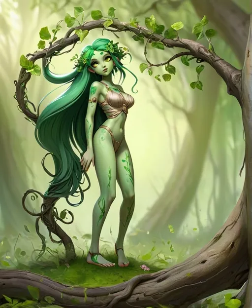 Prompt:  Thalia – Dryad
	•	Age: ???
	•	Type: Plant Elemental
	•	Nature: 6 (3)	
	•	Combat: 3 (1)
	•	Care: 8	(5)
	•	Special Skills: Vine Embrace, Floral Heal
	•	Notes: Gentle and nurturing, she brings balance to the party.
	Appearance: Short (5'), curvy with Turquoise Skin, green Hair that have branches coming out of  either side of her skull. She has bright green eyes and wears a slight gown with sandals.