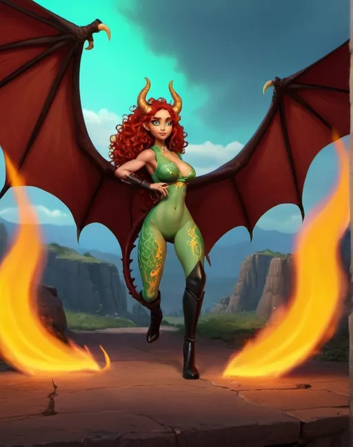 Prompt: A tall, muscular, buxom female dragon-kin with red skin and dark red spots, glowing golden slit-pupil eyes, long flame-red curly hair, and two long black horns. She wears a green travel dress with black trim and knee-high black boots that contrast with her red skin. A glowing, fiery crest is visible on her toned belly. She has flame wings made of fire and a confident, bold expression. The background features a stylized fantasy landscape, characterized by Pixar-style character design, cinematic lighting, and high detail.