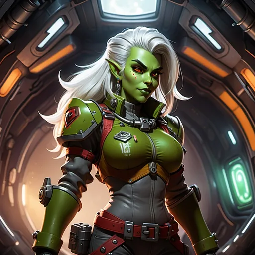 Prompt:  Rivka Whitemane, a female ork with vibrant green skin, wild white hair, and warm brown eyes, stands proudly in the heart of the spaceship Heartless, her thickly curved body clad in worn engineering overalls, surrounded by cinematic lighting, with a masterpiece-level, cel-shaded aesthetic, reminiscent of Studio Trigger's dynamic style, created with Clip Studio Paint, in a deep, rich color palette, with bold lines and flat, manga-inspired shading.
