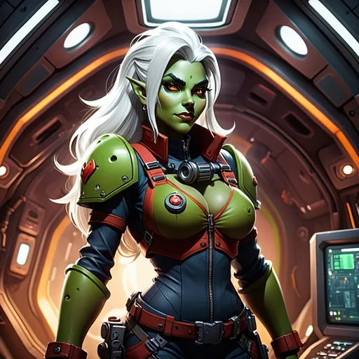 Prompt:  Rivka Whitemane, a female ork with vibrant green skin, wild white hair, and warm brown eyes, stands proudly in the heart of the spaceship Heartless, her thickly curved body clad in worn engineering overalls, surrounded by cinematic lighting, with a masterpiece-level, cel-shaded aesthetic, reminiscent of Studio Trigger's dynamic style, created with Clip Studio Paint, in a deep, rich color palette, with bold lines and flat, manga-inspired shading.