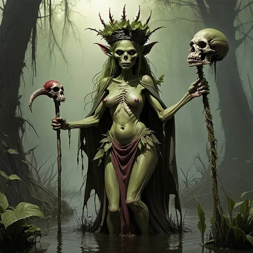 Prompt: Djurgah: Goblin Goddess of the Swamp with two aspects: Mother of the Marshes (Also known as Our Lady of the Wondrous Rack) and Wrath of the Mire. Appears as a gigantic female goblin robed in plants with a crown of bones on her head, and a staff topped with a skull. She will often appear with a blood red handprint on her left shoulder. In the Pixar style, set in a deep swamp