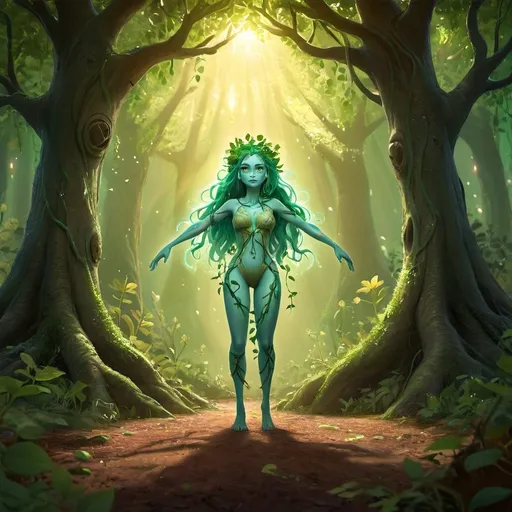Prompt: "A short, curvy female dryad with turquoise skin and long green hair, which has small tree branches growing out of either side of her head. She has bright green eyes, glowing slightly with life magic. She wears a loose, earthy gown made of leaves and vines, and simple sandals. Her demeanor is gentle and serene. Background: a lush forest glade with glowing flowers and soft sunlight. Pixar-style character, highly detailed, warm lighting, fantasy style."