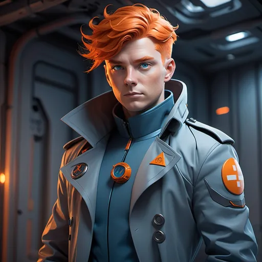Prompt:  Captain Jaren Gaal, a 6' human space pilot with vibrant orange hair and grey eyes, wearing a sleek blue uniform and grey trench coat, posed heroically, inspired by the stylized 3D anime art of creators like Loish, Simon Stalenhag, and Noah Bradley, with intricate details, textured fabrics, and cinematic lighting, in the style of Genshin Impact, with ultrafine details, breathtaking vistas, and 8k resolution, rendered with precise Vray tracing.